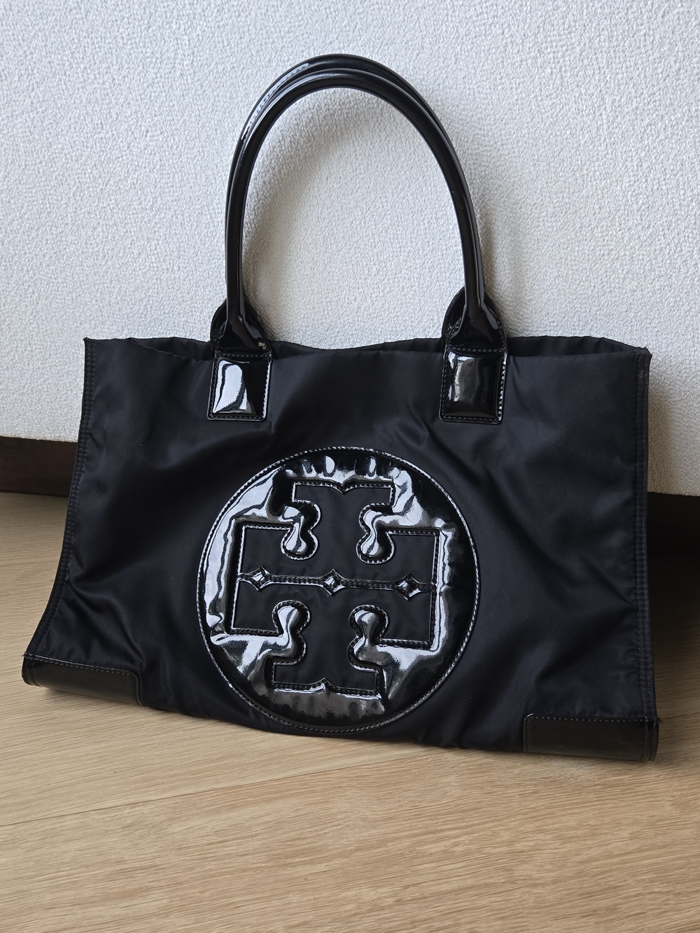 Black Tory Burch Large Ella Nylon Tote with Patent Logo, Handles & Corners